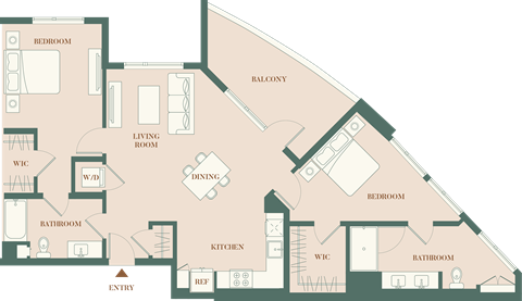 Floor plan for 2 beds, 2 baths, 1253 sqft