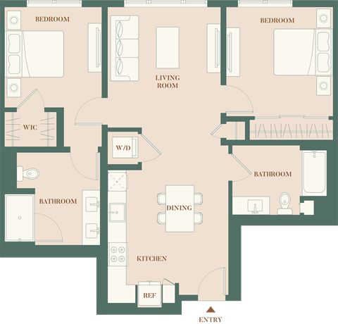 Floor plan for 2 beds, 2 baths, 1023 sqft
