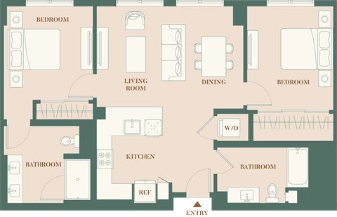Floor plan for 2 beds, 2 baths, 1081 sqft