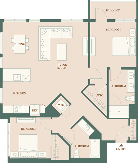 Floor plan for 2 beds, 2 baths, 1327 sqft
