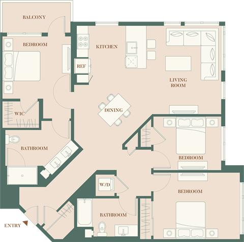 Floor plan for 3 beds, 2 baths, 1443 sqft