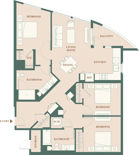 Floor plan for 3 beds, 2 baths, 1419 sqft