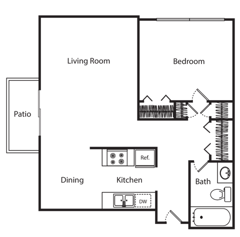 Floor plan for 1 bed, 1 bath, 724 sqft