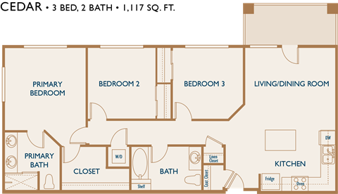 Floor plan for 3 beds, 2 baths, 1117 sqft