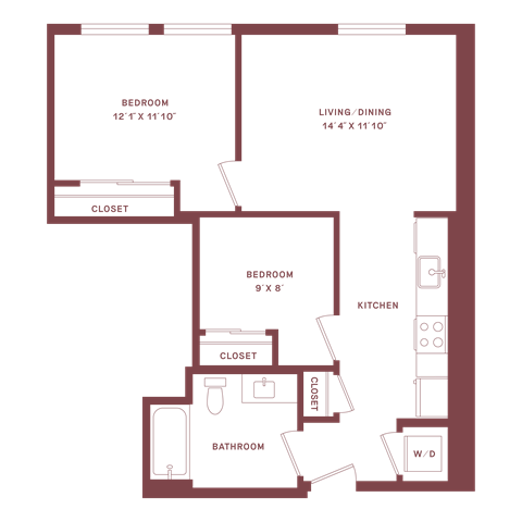 Floor plan for 2 beds, 1 bath, 650 sqft