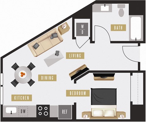 Floor plan for 1 bed, 1 bath, 534 sqft