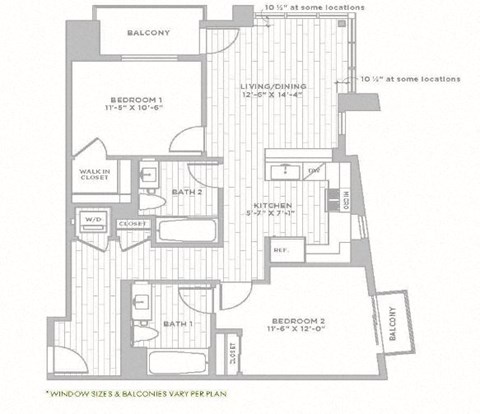 Floor plan for 2 beds, 2 baths, 1019 sqft