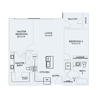Floor plan for 2 beds, 2 baths, 1050 sqft
