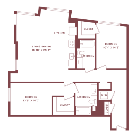 Floor plan for 2 beds, 2 baths, 1258 sqft