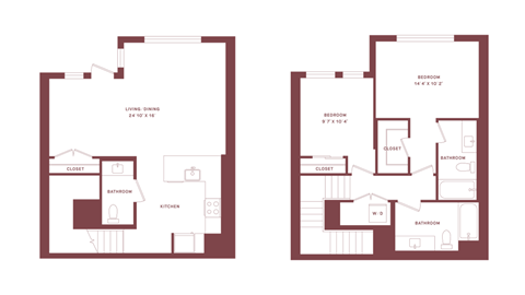Floor plan for 2 beds, 2.5 baths, 1330 sqft