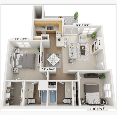 Floor plan for 2 beds, 2 baths, 956 sqft