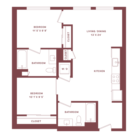 Floor plan for 2 beds, 2 baths, 850 sqft