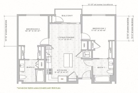 Floor plan for 2 beds, 2 baths, 1024 sqft