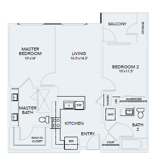 Floor plan for 2 beds, 2 baths, 962 sqft