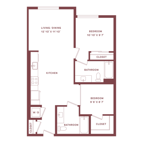 Floor plan for 2 beds, 2 baths, 879 sqft