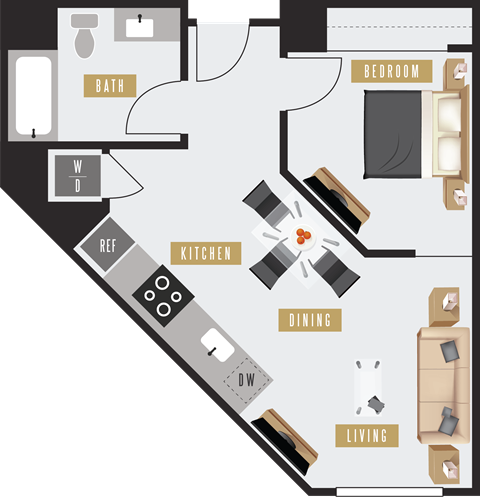 Floor plan for 1 bed, 1 bath, 588 sqft