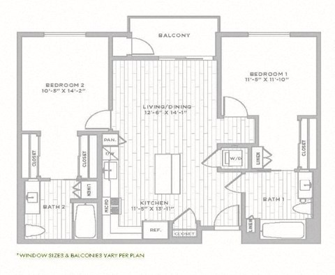 Floor plan for 2 beds, 2 baths, 1098 sqft