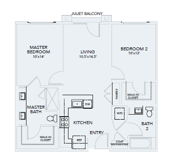 Floor plan for 2 beds, 2 baths, 1005 sqft