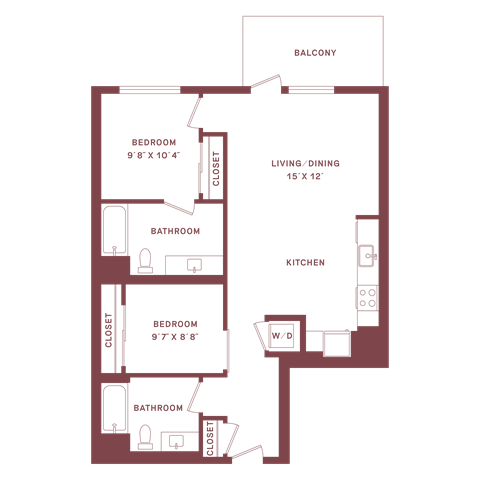Floor plan for 2 beds, 2 baths, 930 sqft