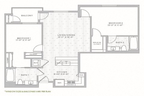 Floor plan for 2 beds, 2 baths, 1154 sqft