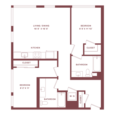 Floor plan for 2 beds, 2 baths, 993 sqft