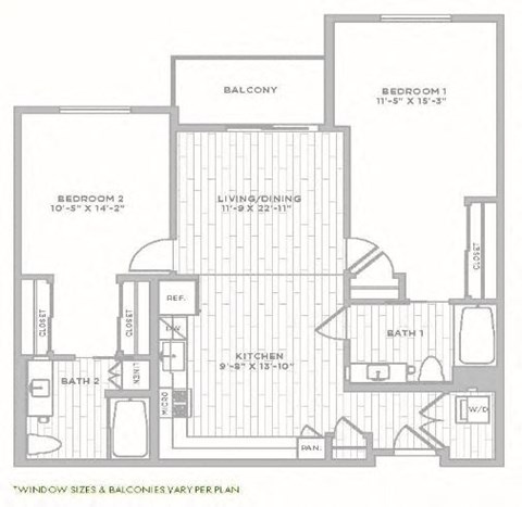 Floor plan for 2 beds, 2 baths, 1175 sqft