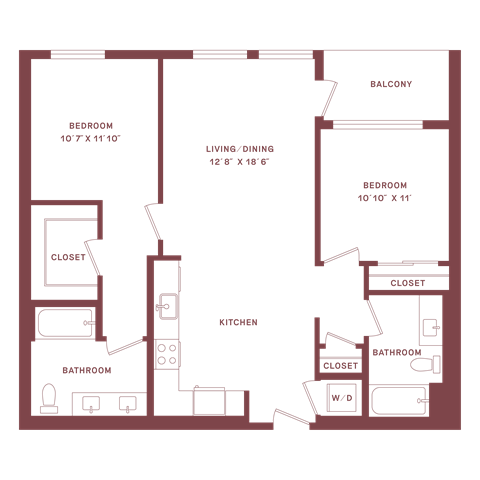 Floor plan for 2 beds, 2 baths, 1036 sqft