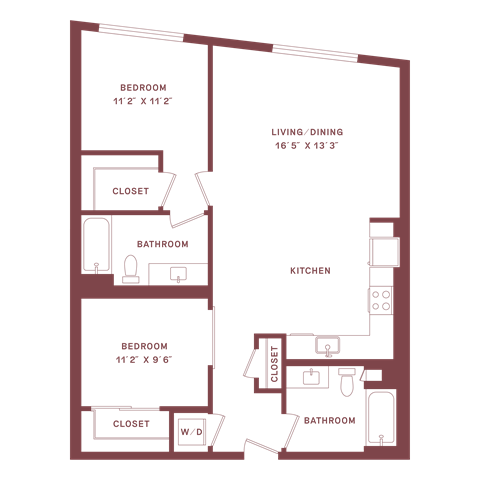 Floor plan for 2 beds, 2 baths, 1038 sqft
