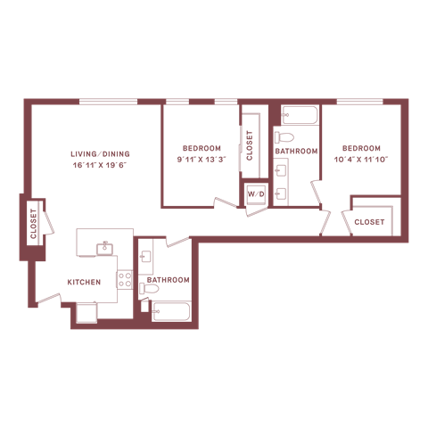 Floor plan for 2 beds, 2 baths, 1110 sqft