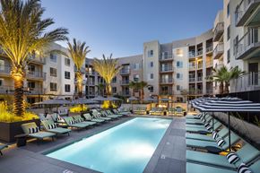 Los Angeles apartment for rent - Echo Park Apartments - Alexan Bahay Apartments - Dazzling Lit up Swimming Pool at Night Surrounded by Lounge Seating