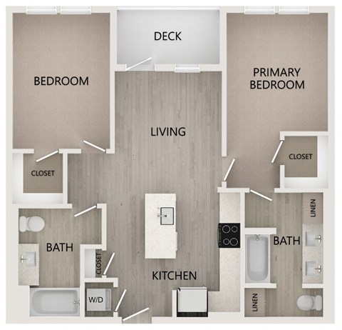 Floor plan for 2 beds, 2 baths, 910 sqft