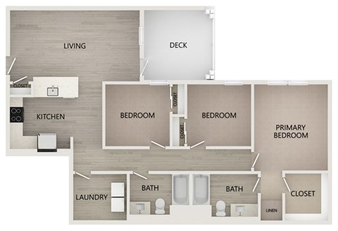 Floor plan for 3 beds, 2 baths, 1238 sqft