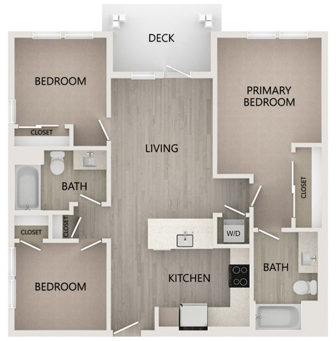 Floor plan for 3 beds, 2 baths, 977 sqft