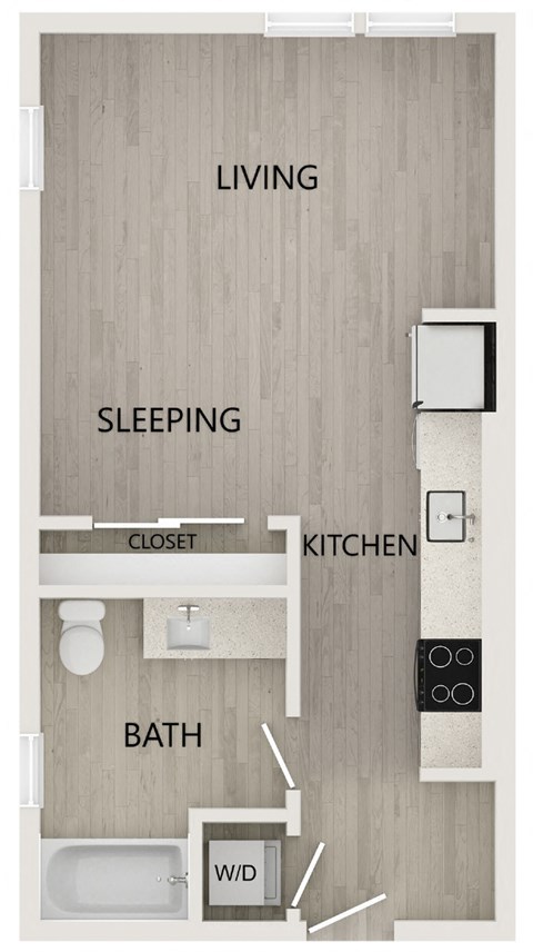 Floor plan for studio, 1 bath, 475 sqft