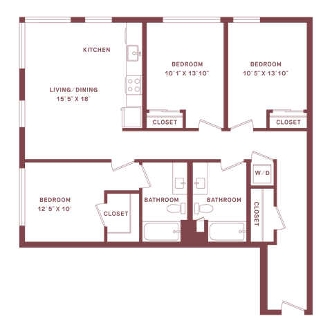Floor plan for 3 beds, 2 baths, 1176 sqft