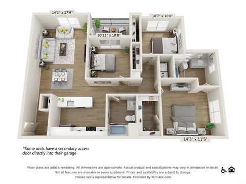 Floor plan for 3 beds, 2 baths, 1269 sqft