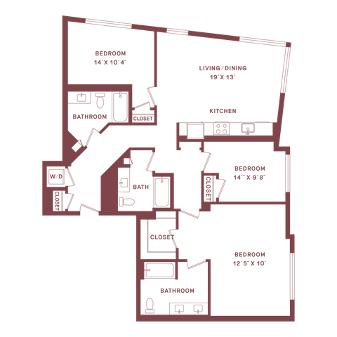 Floor plan for 3 beds, 3 baths, 1380 sqft