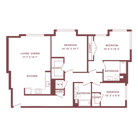 Floor plan for 3 beds, 2 baths, 1430 sqft