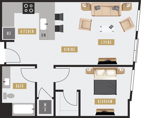 Floor plan for 1 bed, 1 bath, 745 sqft