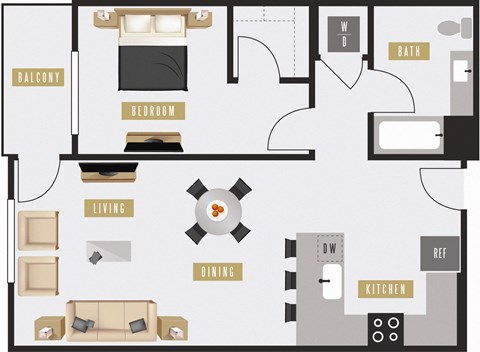 Floor plan for 1 bed, 1 bath, 798 sqft