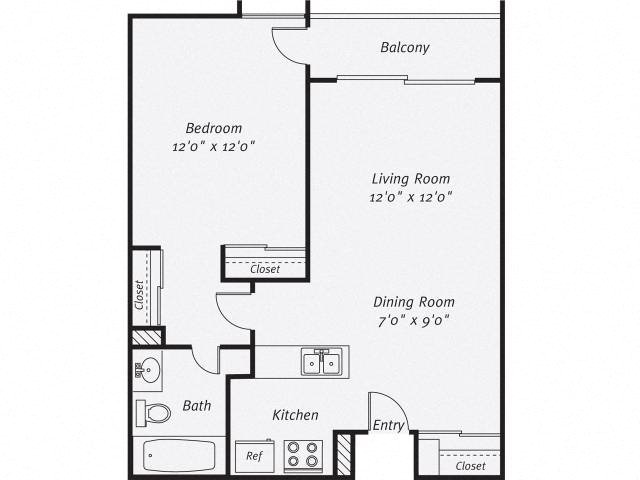 Floor plan for 1 bed, 1 bath, 750 sqft