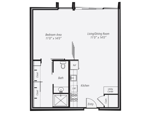Floor plan for 1 bed, 1 bath, 730 sqft