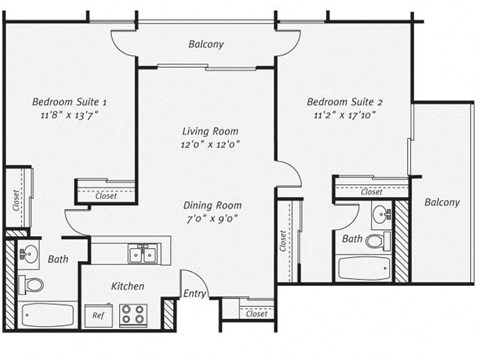 Floor plan for 2 beds, 2 baths, 1025 sqft