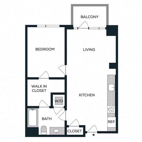 Floor plan for 1 bed, 1 bath, 735 sqft