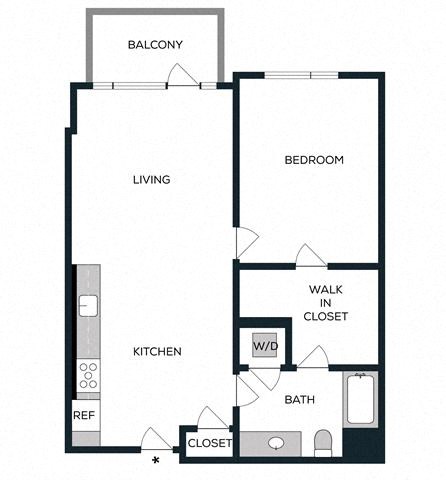 Floor plan for 1 bed, 1 bath, 848 sqft