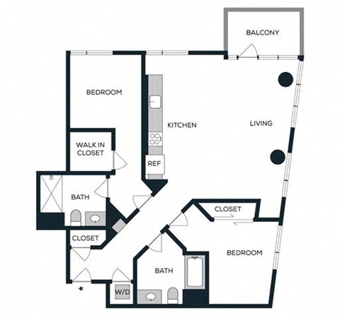 Floor plan for 2 beds, 2 baths, 1132 sqft