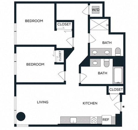 Floor plan for 2 beds, 2 baths, 1020 sqft