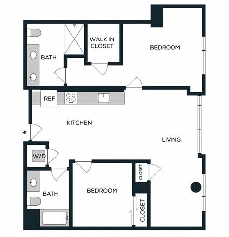 Floor plan for 2 beds, 2 baths, 1068 sqft