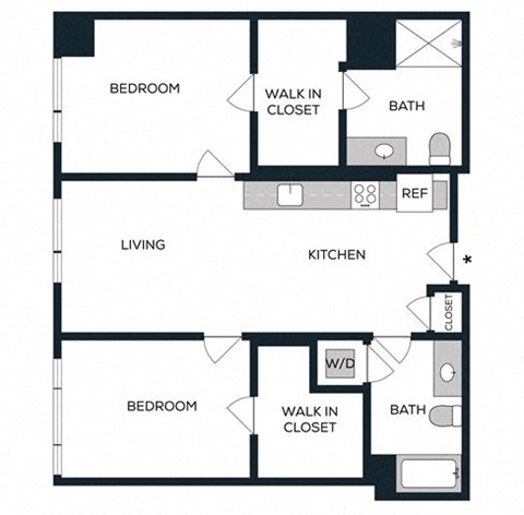 Floor plan for 2 beds, 2 baths, 1070 sqft