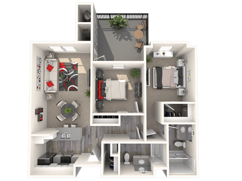 Floor plan for 2 beds, 2 baths, 833 sqft